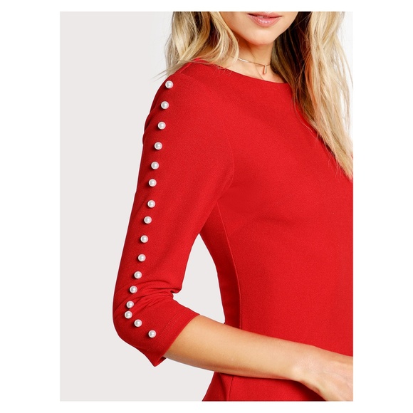 Red Pearl Embellished Sleeve Bodycon Midi Dress - Picture 4 of 5